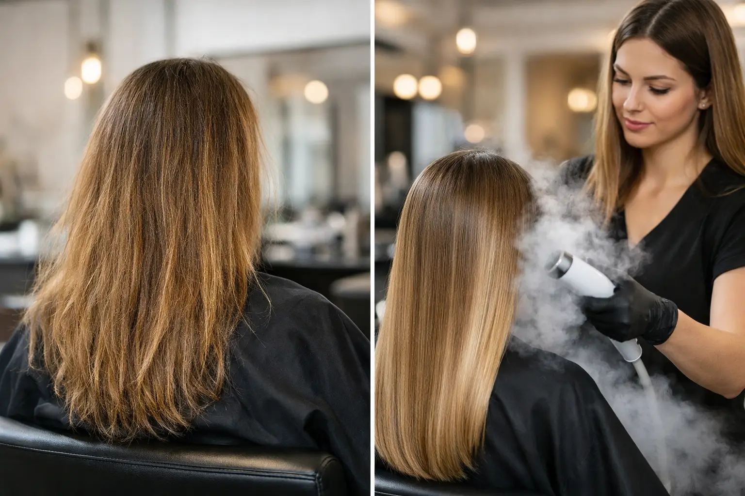 Antes e depois crioterapia profissional no cabelo